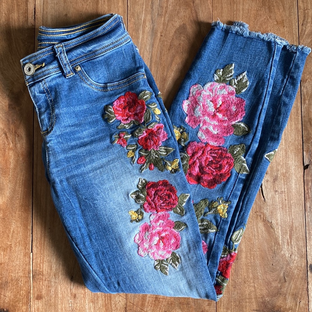 INC International Concepts Blue Skinny Jeans with Red & Pink Floral Embroidery - Picture 10 of 16